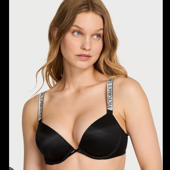 Victoria's Secret Other - ⭐️ NEW Victoria's Secret Black 36DD Logo Rhinestone Strap Push-Up Bra